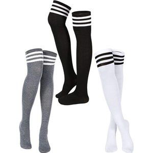 3 Pairs Triple Stripe Over the Knee Socks Extra Long Opaque Thigh High Stockings